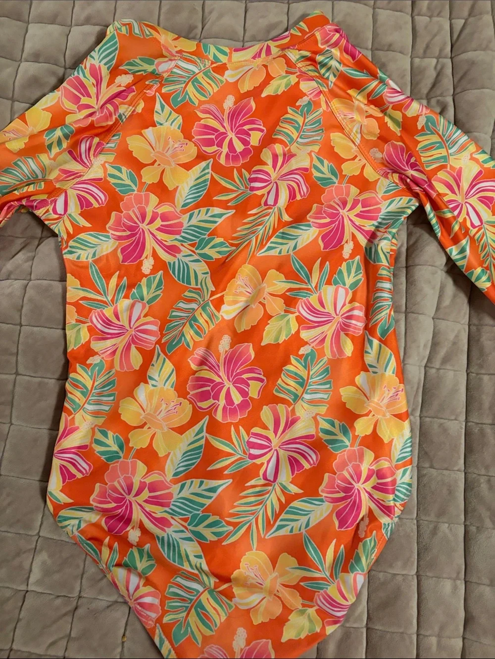 Kids Orange Floral Long-Sleeve Swim One-Piece Size L (10/12)
